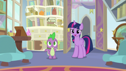Size: 1920x1080 | Tagged: safe, derpibooru import, screencap, spike, twilight sparkle, twilight sparkle (alicorn), alicorn, dragon, pony, a horse shoe-in, book, bookshelf, duo, female, male, mare, philodendron, potted plant, scroll, sofa, starlight's office, winged spike