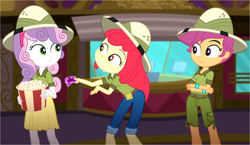 Size: 2648x1535 | Tagged: safe, screencap, apple bloom, scootaloo, sweetie belle, eqg summertime shorts, equestria girls, the canterlot movie club, boots, clothes, cutie mark crusaders, food, hat, jeans, looking at each other, looking at someone, pants, popcorn, shirt, shoes, shorts, skirt, theater, ticket, tickets