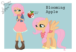 Size: 853x591 | Tagged: safe, artist:scarletdaymlp, oc, oc:blooming apple, pony, equestria girls, base used, boots, clothes, cutie mark, dress, freckles, offspring, parent:big macintosh, parent:fluttershy, parents:fluttermac, scarf, shoes, solo