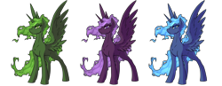 Size: 3136x1211 | Tagged: safe, artist:kalemon, alicorn, fallout equestria, artificial alicorn, blue alicorn (fo:e), ethereal mane, green alicorn (fo:e), purple alicorn (fo:e), simple background, spread wings, transparent background, wings