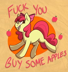 Size: 2904x3072 | Tagged: safe, artist:modularpon, artist:themodpony, apple bloom, earth pony, pony, apple, buy some apples, dialogue, female, filly, food, open mouth, solo, text, vulgar