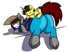 Size: 1920x1409 | Tagged: safe, artist:khaki-cap, oc, oc only, oc:khaki-cap, oc:tommy the human, alicorn, earth pony, pony, alicorn oc, butt, child, clothes, colt, commissioner:bigonionbean, crossed hooves, cute, daaaaaaaaaaaw, earth pony oc, hat, hoodie, hooves, horn, jean thicc, looking back, lying on butt, male, peaceful, plot, presenting, prone, relaxing, resting, shadow, simple background, sleeping, thicc ass, thick, transparent background, uncle and nephew, wings