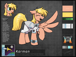 Size: 4000x3000 | Tagged: safe, alternate version, artist:selenophile, oc, oc only, oc:karman, pony, :p, aerospike, amputee, artificial wings, augmented, clothes, cute, prosthetic limb, prosthetic wing, prosthetics, reference sheet, space, tongue out, wings