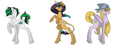 Size: 4000x1449 | Tagged: safe, artist:tomat-in-cup, oc, oc only, earth pony, pegasus, pony, unicorn, blushing, earth pony oc, hat, horn, leonine tail, pegasus oc, raised hoof, rearing, simple background, transparent background, unicorn oc, unshorn fetlocks, wings, witch hat