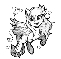 Size: 865x838 | Tagged: safe, artist:deraniel, oc, oc:silver hush, pony, black and white, chest fluff, ear fluff, fluffy, flying, grayscale, happy, monochrome, simple background, sketch, smiling, solo, transparent background