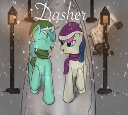 Size: 704x634 | Tagged: safe, artist:snow quill, bon bon, lyra heartstrings, sweetie drops, adorabon, bench, clothes, cover art, cute, eyes closed, hat, laughing, lyrabetes, scarf, snow, snowfall, story in the source, streetlight