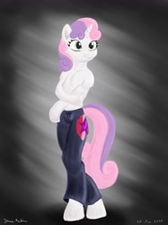Size: 1280x1707 | Tagged: safe, artist:rockhoppr3, derpibooru import, sweetie belle, anthro, semi-anthro, unguligrade anthro, unicorn, arm hooves, clothes, cutie mark, cutie mark on clothes, female, pajamas, pants, partial nudity, simple background, solo, topless