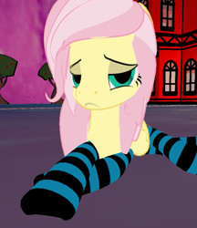 Size: 651x754 | Tagged: safe, alternate version, artist:melimoo2000, derpibooru import, fluttershy, pegasus, pony, 3d, alternate hairstyle, alternate universe, clothes, eyebrows, frown, grumpy, house, lidded eyes, long mane, looking at you, pathway, second life, sitting, socks, solo, striped socks, tree, unamused, wings