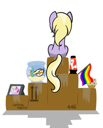 Size: 1881x2319 | Tagged: safe, artist:dinkyuniverse, derpibooru import, dinky hooves, lily longsocks, fish, pony, unicorn, boxes, dinkily, female, filly, fish bowl, flag, foal, koi, lava lamp, lesbian, moving, photo, pride flag, shipping, turned away