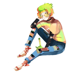 Size: 1395x1303 | Tagged: safe, artist:bad_trip, derpibooru import, oc, oc only, oc:marley lennon, human, bong, clothes, ear piercing, earring, eyebrow piercing, feet, female, glasses, headband, hippie, humanized, humanized oc, jeans, jewelry, multicolored hair, necklace, pants, peace symbol, piercing, sandals, shirt, simple background, solo, t-shirt, torn clothes, white background