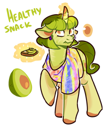 Size: 1201x1392 | Tagged: safe, artist:kaitomy, derpibooru import, oc, oc only, oc:healthy snack, pony, unicorn, avocado, bread, ear piercing, earring, eating, female, food, glowing horn, horn, jewelry, levitation, magic, mare, piercing, raised hoof, reference sheet, seed, simple background, solo, telekinesis, toast, white background