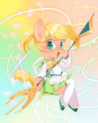 Size: 1638x2048 | Tagged: safe, artist:1drfl_world_end, derpibooru import, applejack, earth pony, pony, clothes, cute, female, hoof hold, jackabetes, looking at you, magical girl, mare, open mouth, petals, pigtails, pixiv, sailor uniform, schrödinger's pantsu, socks, solo, staff, uniform