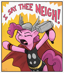 Size: 900x1018 | Tagged: safe, artist:claire lamouf, derpibooru import, pinkie pie, earth pony, pony, clothes, cosplay, costume, crossover, hammer, marvel, marvel comics, mjölnir, solo, thor, war hammer