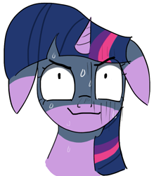 Size: 779x889 | Tagged: safe, derpibooru import, twilight sparkle, pony, unicorn, bust, female, floppy ears, grin, mare, nervous, portrait, reaction image, scary face, simple background, smiling, solo, sweat, white background, wide eyes