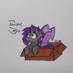 Size: 2673x2673 | Tagged: safe, artist:drheartdoodles, derpibooru import, oc, oc:nadalia, changeling, behaving like a cat, box, cardboard box, changeling oc, disembodied hand, fangs, hand, offscreen character, pointing, purple changeling, smiling, traditional art