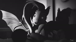 Size: 1920x1080 | Tagged: safe, artist:apimiku, artist:expee, derpibooru import, fluttershy, bat pony, pony, 3d, bat ponified, commission, fangs, female, flutterbat, grayscale, looking at you, mare, monochrome, night, nightmare night, nosferatu, open mouth, race swap, scary, solo, source filmmaker, vampire bat pony