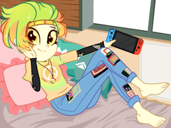 Size: 1182x884 | Tagged: safe, alternate version, artist:charliexe, artist:noreentheartist, artist:unichan, derpibooru import, oc, oc only, oc:marley lennon, equestria girls, barefoot, base used, bed, bedroom, blanket, clothes, commission, controller, ear piercing, earring, equestria girls-ified, eyebrow piercing, feet, female, headband, jeans, jewelry, joycon, multicolored hair, necklace, nintendo, nintendo switch, pants, peace symbol, piercing, pillow, shirt, solo, t-shirt, torn clothes, window, ych result