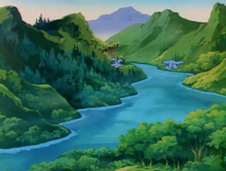 Size: 1200x907 | Tagged: safe, derpibooru import, screencap, bird, g1, my little pony 'n friends, the ghost of paradise estate, dream valley, forest, mountain, river, scenery, tree