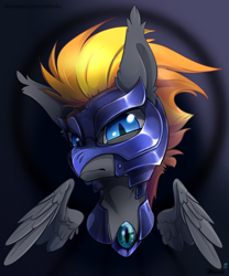 Size: 2500x3000 | Tagged: safe, artist:mithriss, derpibooru import, oc, oc only, oc:blaze (shadowbolt), pegasus, pony, armor, bust, slit eyes, solo