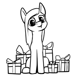 Size: 576x583 | Tagged: safe, artist:dacaoo, derpibooru import, oc, oc only, oc:boo, earth pony, pony, fallout equestria, fallout equestria: project horizons, black and white, ears up, fanfic art, grayscale, happy new year, holiday, looking at you, monochrome, present, simple background, smiling at you, solo, white mane