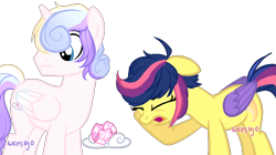 Size: 1114x623 | Tagged: safe, artist:skulifuck, derpibooru import, oc, oc only, oc:passion prelude, oc:star shine, alicorn, pegasus, pony, alicorn oc, base used, cousins, duo, eyelashes, eyes closed, female, horn, looking back, male, mare, offspring, parent:princess cadance, parent:shining armor, parent:twilight sparkle, parents:shiningcadance, pegasus oc, simple background, stallion, transparent background, wings