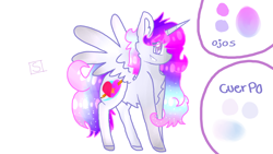 Size: 2560x1440 | Tagged: safe, artist:shinningblossom12, derpibooru import, oc, oc only, oc:anasflow maggy, oc:shinning blossom, alicorn, pony, alicorn oc, chest fluff, colored hooves, female, fusion, grin, horn, mare, multicolored hair, rainbow hair, reference sheet, simple background, smiling, spanish, white background, wings