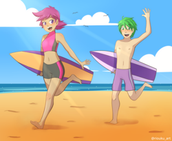 Size: 3056x2500 | Tagged: safe, alternate version, artist:riouku, derpibooru import, scootaloo, spike, human, beach, belly button, clothes, commission, female, humanized, male, midriff, scootaspike, shipping, shorts, sports shorts, straight, summer, surfing, swimsuit, tankini