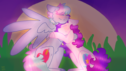 Size: 2560x1440 | Tagged: safe, artist:shinningblossom12, derpibooru import, oc, oc only, oc:anasflow maggy, oc:shinning blossom, pegasus, pony, unicorn, blushing, eyes closed, female, full moon, horn, hug, male, mare, moon, oc x oc, pegasus oc, shipping, stallion, straight, tree, unicorn oc, wings