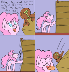 Size: 1000x1038 | Tagged: safe, artist:happy harvey, derpibooru import, pinkie pie, oc, oc:anon, earth pony, pony, catching, colored pupils, comic, cookie, cutie mark, dialogue, drawn on phone, ear fluff, escape, eyes closed, falling, food, gingerbread man, imminent vore, inanimate tf, kick, kicking, micro, open mouth, pinkie pred, shelf, size difference, smiling, this will end in death, tongue out, transformation