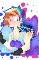 Size: 1440x2230 | Tagged: safe, artist:shinningblossom12, derpibooru import, oc, oc only, oc:meadow waves, oc:rainbow ditz, human, blushing, clothes, fingerless gloves, gay, gloves, hoodie, hug, humanized, male, not rainbow dash, oc x oc, parent:rainbow dash, shipping, simple background, transparent background, winged humanization, wings