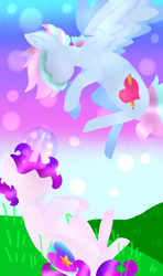 Size: 1260x2133 | Tagged: safe, artist:shinningblossom12, derpibooru import, oc, oc only, oc:anasflow maggy, oc:shinning blossom, pegasus, pony, unicorn, duo, flying, glowing horn, grass, horn, multicolored hair, outdoors, pegasus oc, rainbow hair, sitting, unicorn oc, wings