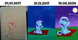 Size: 1374x702 | Tagged: safe, artist:exobass, derpibooru import, minuette, unicorn, female, fireworks, floppy ears, graph paper, improvement, moon, night, redraw, sky, solo, stars, traditional art