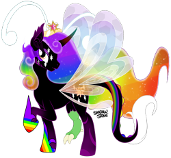 Size: 3858x3558 | Tagged: safe, artist:theshadowstone, derpibooru import, oc, oc only, oc:princess changeling rainbow magic pants, alicorn, bat pony, breezie, draconequus, donut steel, female, intentionally bad, multicolored hair, rainbow hair, simple background, solo, transparent background