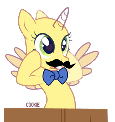 Size: 1616x1718 | Tagged: safe, artist:lazuli, derpibooru import, oc, oc only, alicorn, pony, alicorn oc, bald, base, bowtie, bust, eyelashes, fake moustache, horn, open mouth, simple background, solo, transparent background, wide eyes, wings