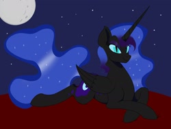 Size: 2098x1580 | Tagged: safe, artist:iron curtain, derpibooru import, nightmare moon, alicorn, pony, ethereal mane, eyeshadow, female, lidded eyes, looking at you, makeup, mare, missing accessory, moon, night, prone, sky, slit eyes, solo, starry mane, stars