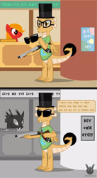 Size: 1385x2524 | Tagged: safe, artist:wheatley r.h., derpibooru exclusive, derpibooru import, kevin (changeling), oc, oc:myoozik the dragon, changeling, dragon, earth pony, pony, 2 panel comic, bank, black and white, clothes, comic, cutie mark, cutie mark on clothes, dragon oc, female, food, glasses, grayscale, gun, hat, male, mane, mare, monochrome, movie reference, pepper, poster, red eyes, salt, shotgun, speech bubble, sunglasses, they live, top hat, watermark, weapon