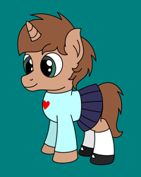 Size: 2000x2500 | Tagged: safe, artist:peternators, derpibooru import, oc, oc only, pony, unicorn, clothes, colt, crossdressing, male, mary janes, shoes, simple background, skirt, socks, solo, sweater