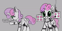 Size: 2520x1281 | Tagged: safe, artist:xbi, derpibooru import, sweetie belle, sweetie bot, pony, robot, robot pony, unicorn, cute, dialogue, diasweetes, gray background, guilty, gun, implied execution, looking at you, rocket launcher, shooting, simple background, sketch, smoke, solo, weapon