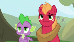 Size: 1920x1080 | Tagged: safe, derpibooru import, screencap, big macintosh, spike, dragon, the big mac question