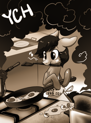 Size: 800x1082 | Tagged: safe, artist:28gooddays, derpibooru import, pony, bread, breakfast in bed, coffee, commission, cooking, food, monochrome, solo, toast, your character here