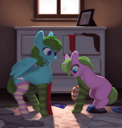 Size: 1000x1050 | Tagged: safe, artist:redruin01, derpibooru import, oc, oc only, oc:daisy chain, oc:divo soprano, oc:libby belle, oc:sparkling aria, pegasus, pony, unicorn, bedroom, carpet, clothes, dresser, painting, picture frame, socks, striped socks, sunlight, underwear, window