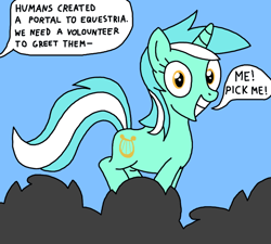 Size: 1000x900 | Tagged: safe, artist:nopony, derpibooru import, lyra heartstrings, pony, unicorn, atg 2020, comic, crowd, female, irrational exuberance, jumping, lyra doing lyra things, mare, newbie artist training grounds, portal to equestria, smiling, solo focus, speech bubble, text, that pony sure does love humans