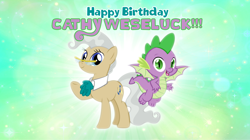 Size: 1280x719 | Tagged: safe, artist:andoanimalia, derpibooru import, mayor mare, spike, dragon, birthday, cathy weseluck