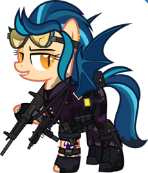 Size: 5000x5842 | Tagged: safe, alternate version, artist:n0kkun, derpibooru import, indigo zap, bat pony, pony, aa-12, bat ponified, belt, boots, camouflage, clothes, commission, dirt, ear piercing, earring, equestria girls ponified, fangs, female, fingerless gloves, gloves, goggles, grin, gun, jacket, jewelry, mac-10, mare, mercenary, mud, pants, piercing, ponified, pouch, race swap, shoes, shotgun, simple background, smiling, solo, submachinegun, tattoo, transparent background, uzi, vest, watch, weapon, wristwatch