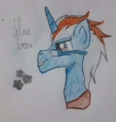 Size: 2877x3033 | Tagged: safe, artist:anenglishamongscots, derpibooru import, oc, oc only, oc:silver gear, pony, unicorn, bust, cutie mark, glasses, high res, male, paper, pencil, simple background, smiling, solo, stallion, traditional art, white background