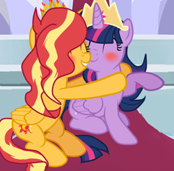 Size: 2500x2453 | Tagged: safe, derpibooru import, sunset shimmer, twilight sparkle, twilight sparkle (alicorn), alicorn, pony, alicornified, blushing, castle, crown, equestria, female, happy, hug, jewelry, lesbian, love, polyamory, princess, race swap, regalia, shimmercorn, shipping, stars, sun, sunlight, sunset twiangle, sunsetsparkle