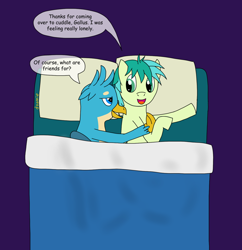 Size: 1454x1500 | Tagged: safe, artist:dzamie, derpibooru import, gallus, sandbar, griffon, pony, bed, colored, cuddling, digital art, duo, gallbar, gay, lying on bed, male, newbie artist training grounds, on bed, shipping