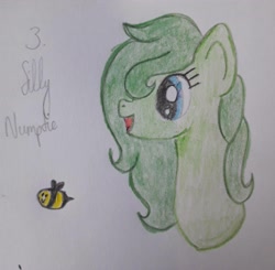 Size: 2664x2607 | Tagged: safe, artist:anenglishamongscots, derpibooru import, oc, oc only, oc:silly numptie, bee, insect, pony, bust, cutie mark, female, high res, mare, mlplounge, open mouth, paper, pencil, reddit, simple background, smiling, solo, traditional art, white background