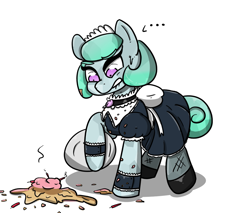 Size: 1305x1110 | Tagged: safe, artist:n-o-n, derpibooru import, oc, oc:pristine polish, crystal pony, pony, cake, candle, clothes, embarrassed, food, maid, solo