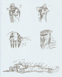 Size: 1097x1355 | Tagged: safe, artist:ravenpuff, derpibooru import, oc, oc only, oc:tika, monster pony, original species, ..., bow, bust, confused, descriptive noise, fangs, female, floral head wreath, flower, flower necklace, graph paper, growling, hair bow, hat, lineart, mittens, question mark, scar, sharp teeth, slit eyes, teeth, top hat, traditional art